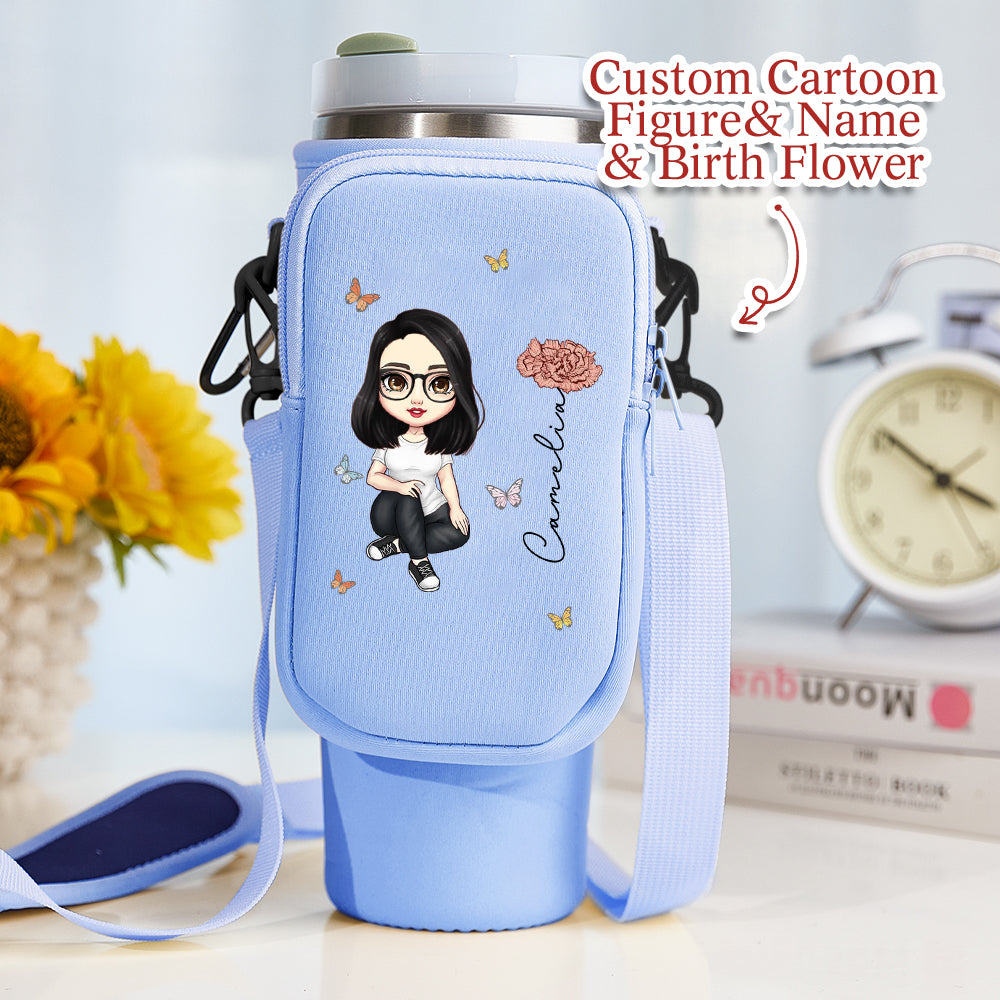 Personalized Cartoon Birth Flower Waterproof Bottle Carrier Bag for 40oz Stanley Tumbler Gift for Her