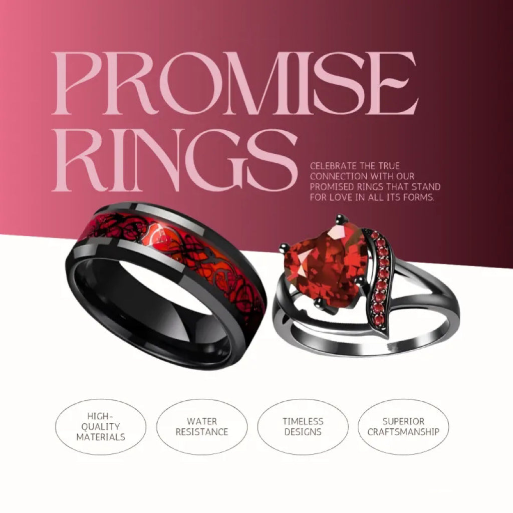 Couple Promise Rings Couple Rings Set Men’s Celtic Dragon Stainless Steel Ring & Women’s Red Heart Zircon Ring Romantic Valentine’s Gift
