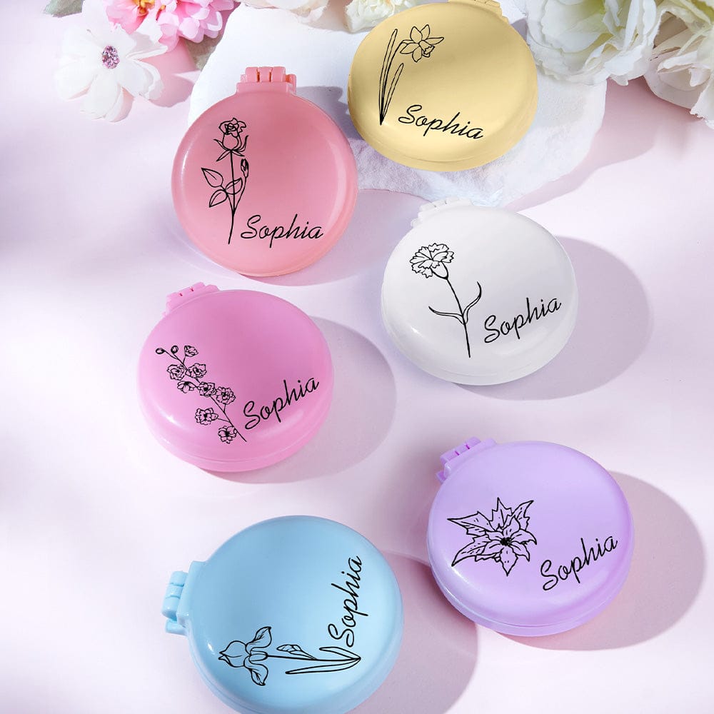 blue compact mirror custom birth flower foldable design