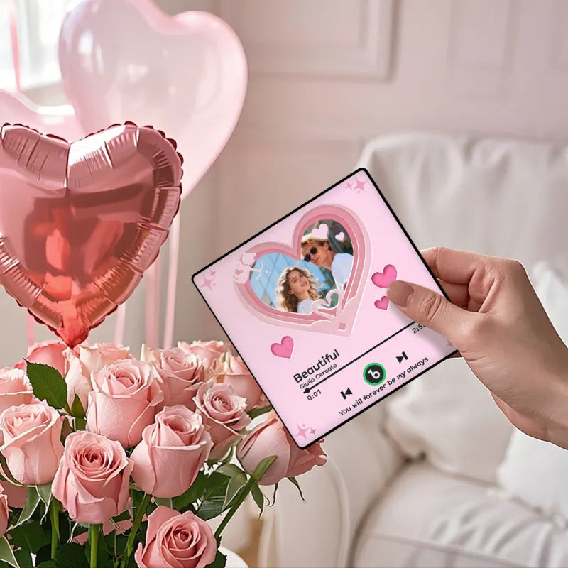 FridgeBeats Framed 4.0 Custom Music Fridge Magnet with Pink Hearts Personalized Photo Music Gift Best Valentines Gift for Couples