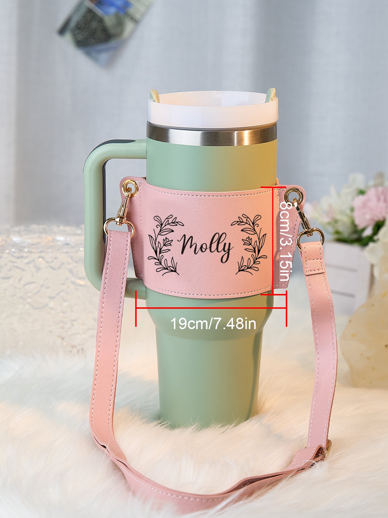 Custom Floral Pattern Water Bottle Carrier Bag with Adjustable Strap for 40oz Stanley Tumbler Gift for Women