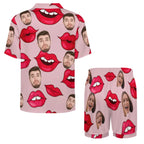 Custom Face Short Sleeve Pajama with Red Lips Prints Valentine's Day Gift for Her