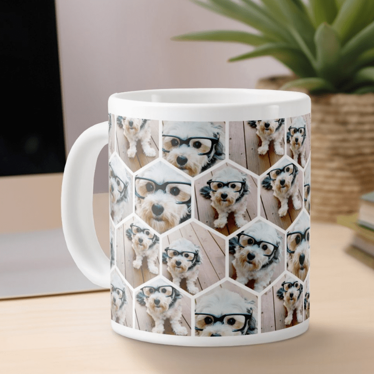 7 Photo Collage Giant Coffee Mug – Funky Hexagon Pattern Personalized Cup, Custom Photo Gift for Coffee Lovers, Family, or Friends, Unique Birthday, Christmas, or Office Desk Mug 33767936 - DiyGiftly