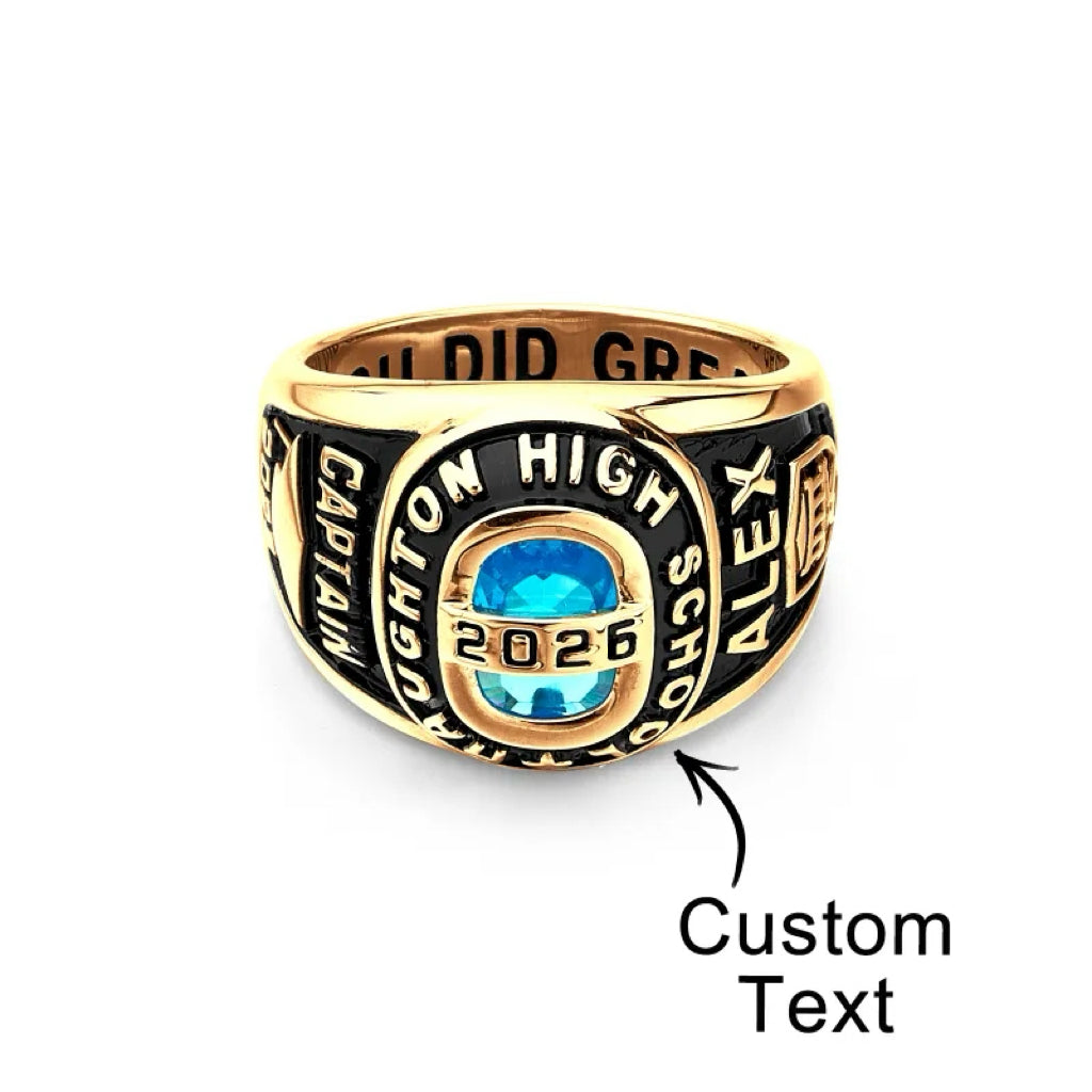 Personalized Birthstone Class Signet Ring with Engraved Symbol Name and Text Class of Graduation Gift for High School University Graduates