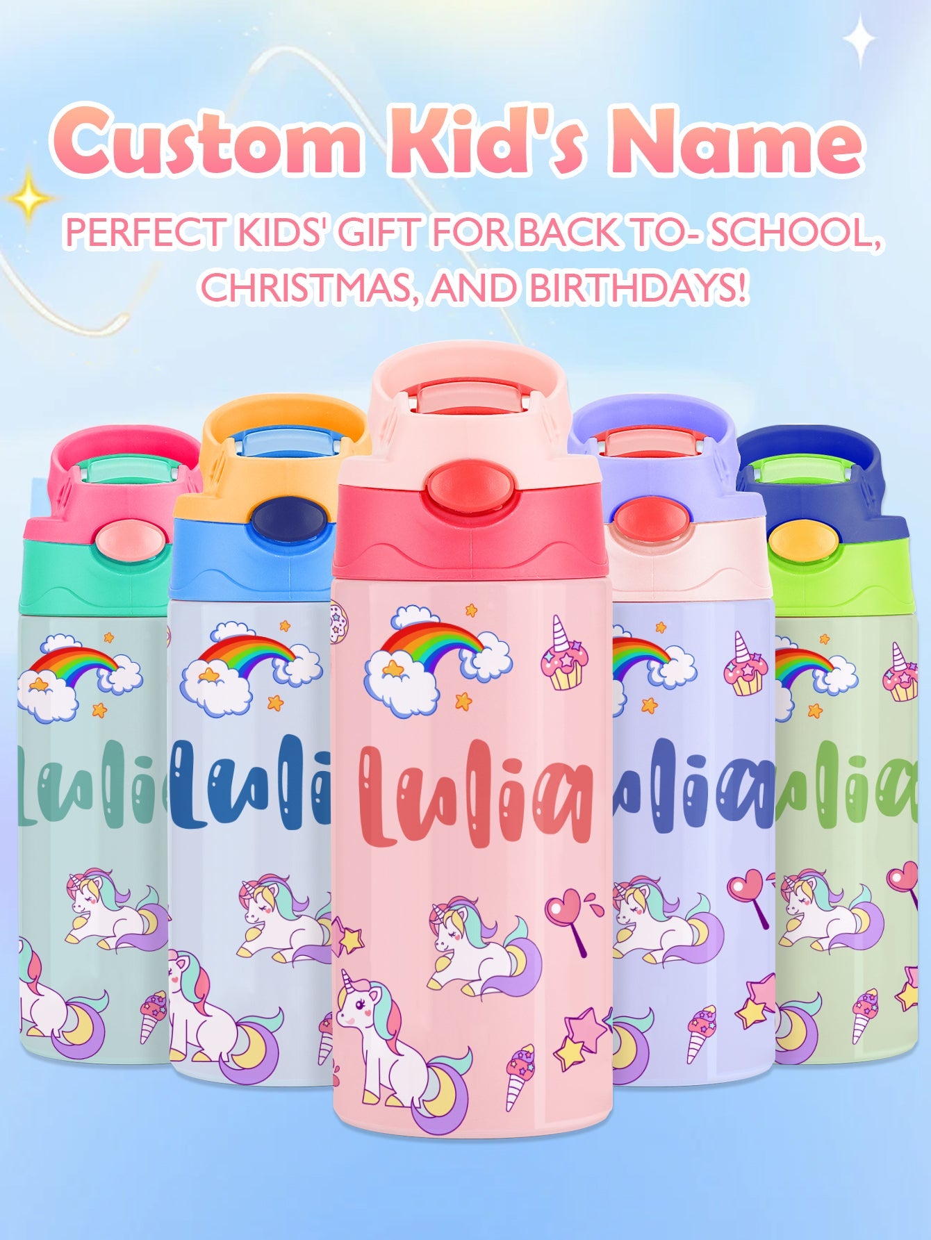 Custom Name Rainbow Unicorn Stainless Steel Water Cup Children's Day Gift for Kids