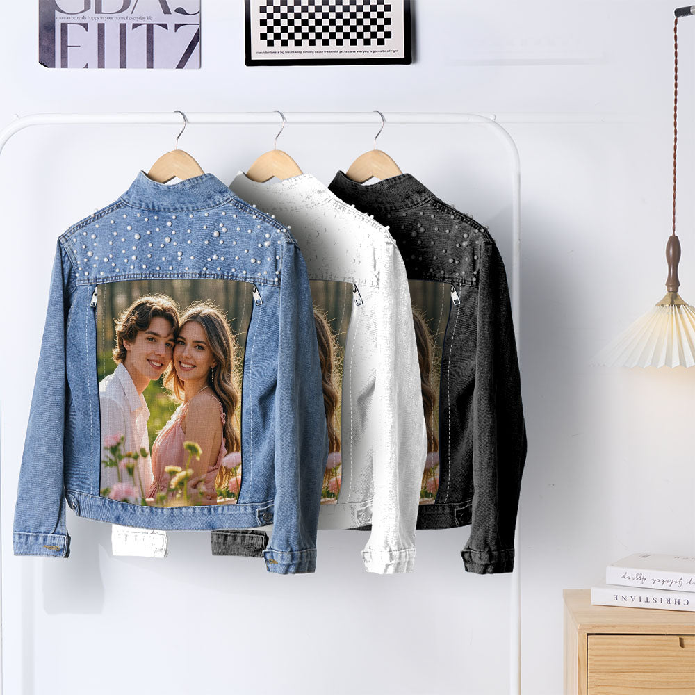 gifts for wife Wrapped in Your Memory - Pearl Denim Jacket, Personalized Photo Jean Jacket, Stylish Everyday Wear for Date Ni