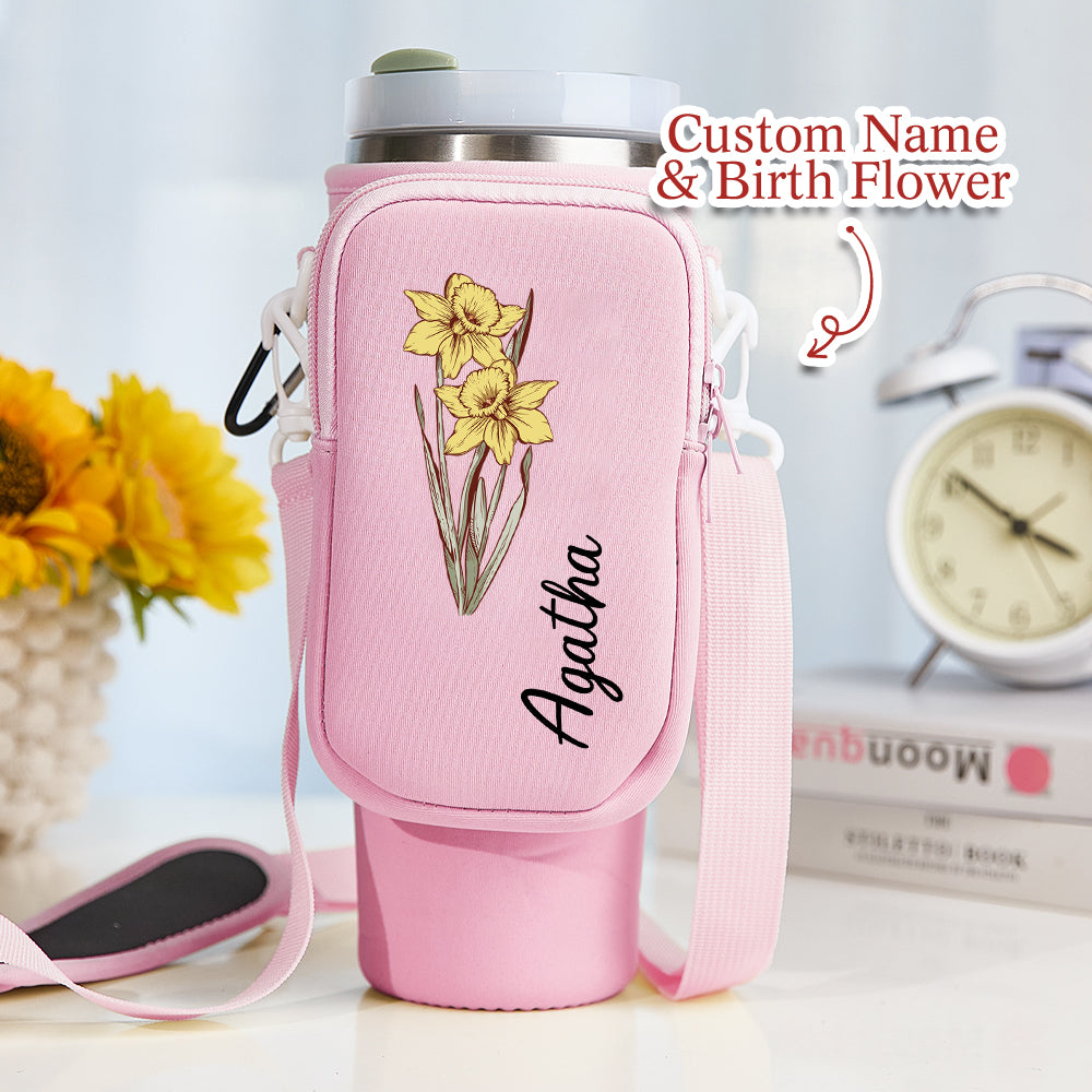 Personalized Birth Flower Waterproof Bottle Carrier Bag with Removable Pouch for 40oz Stanley Tumbler Gift for Women