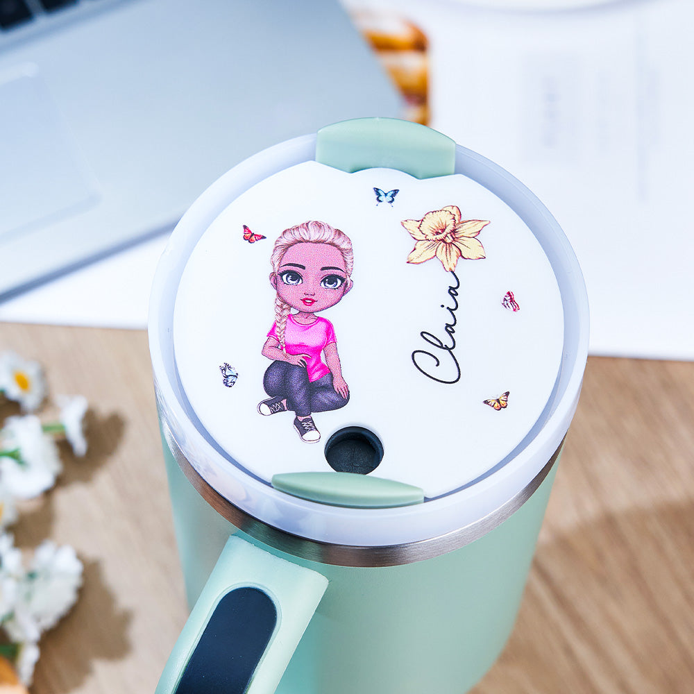 Personalized Cartoon Girl Birth Flower Tumbler Name Tag Lid Topper for 40oz Stanley Tumbler Accessory Gift for Her