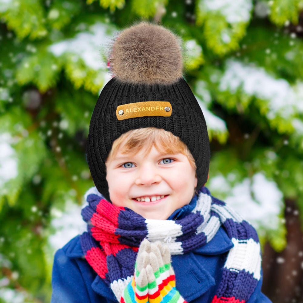 Personalized Leather Patch Beanie Custom Name Newborn Kids Winter Hat
