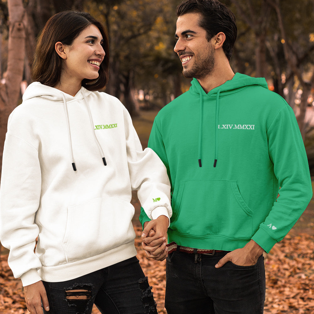 Custom Engraved Hooded Embroidery Round Neck Roman Numeral Date Couple Gifts