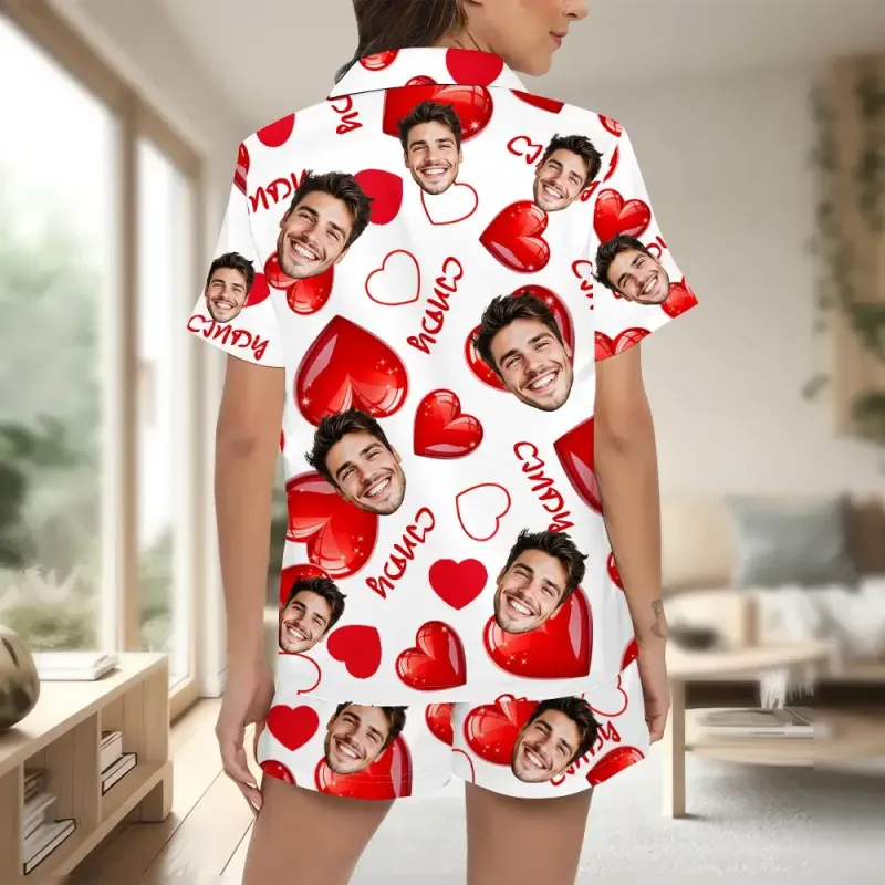 Custom Face Short Sleeve Pajama with Red Hearts Prints Valentine's Day Gift for Her