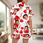 Custom Face Short Sleeve Pajama with Red Hearts Prints Valentine's Day Gift for Her