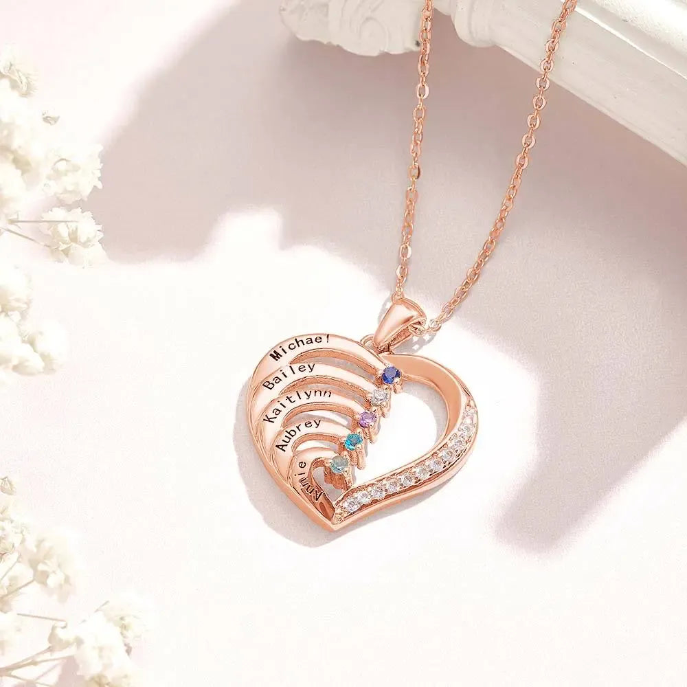 Personalized Heart Necklace Custom Family Name Birthstone Necklace Gift for Mother Grandma