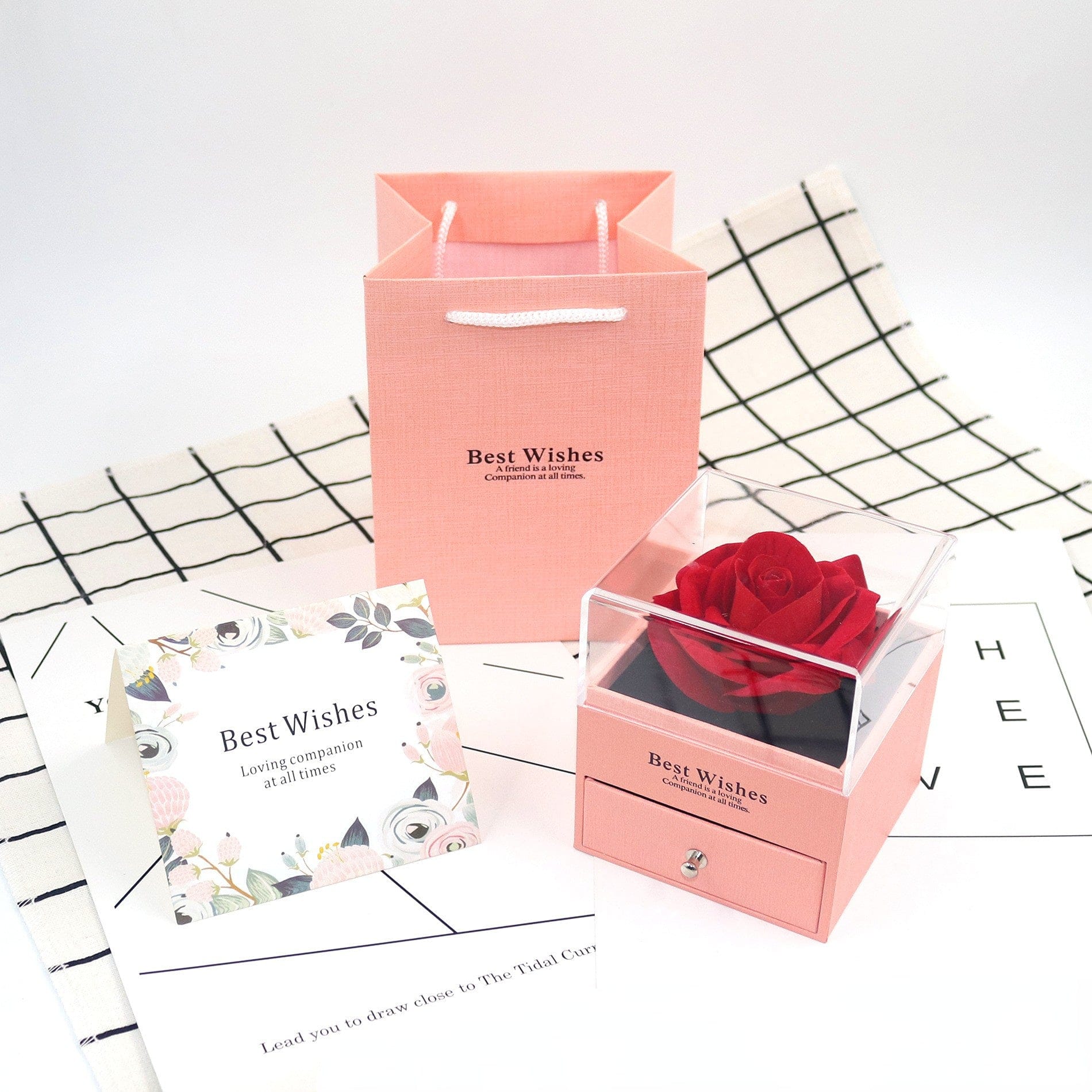 Rose Jewelry Gift Box with Greeting Card and Gift Bag