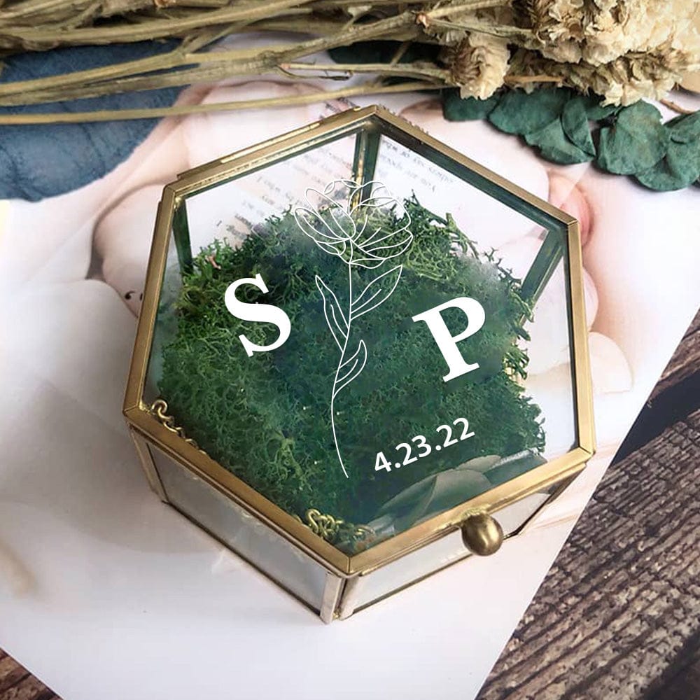 Personalized Hexagon Glass Ring Box with Initials and Date