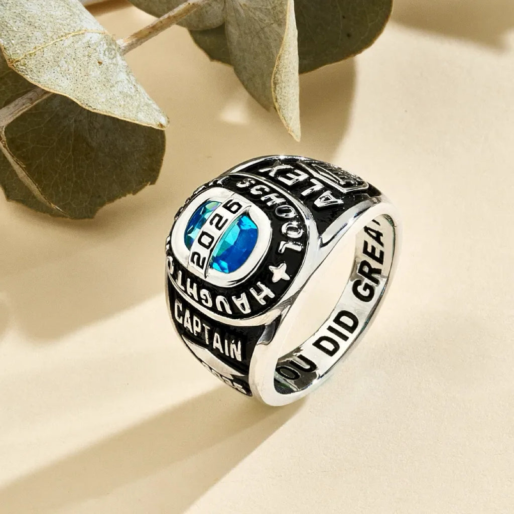 Personalized Birthstone Class Signet Ring with Engraved Symbol Name and Text Class of Graduation Gift for High School University Graduates