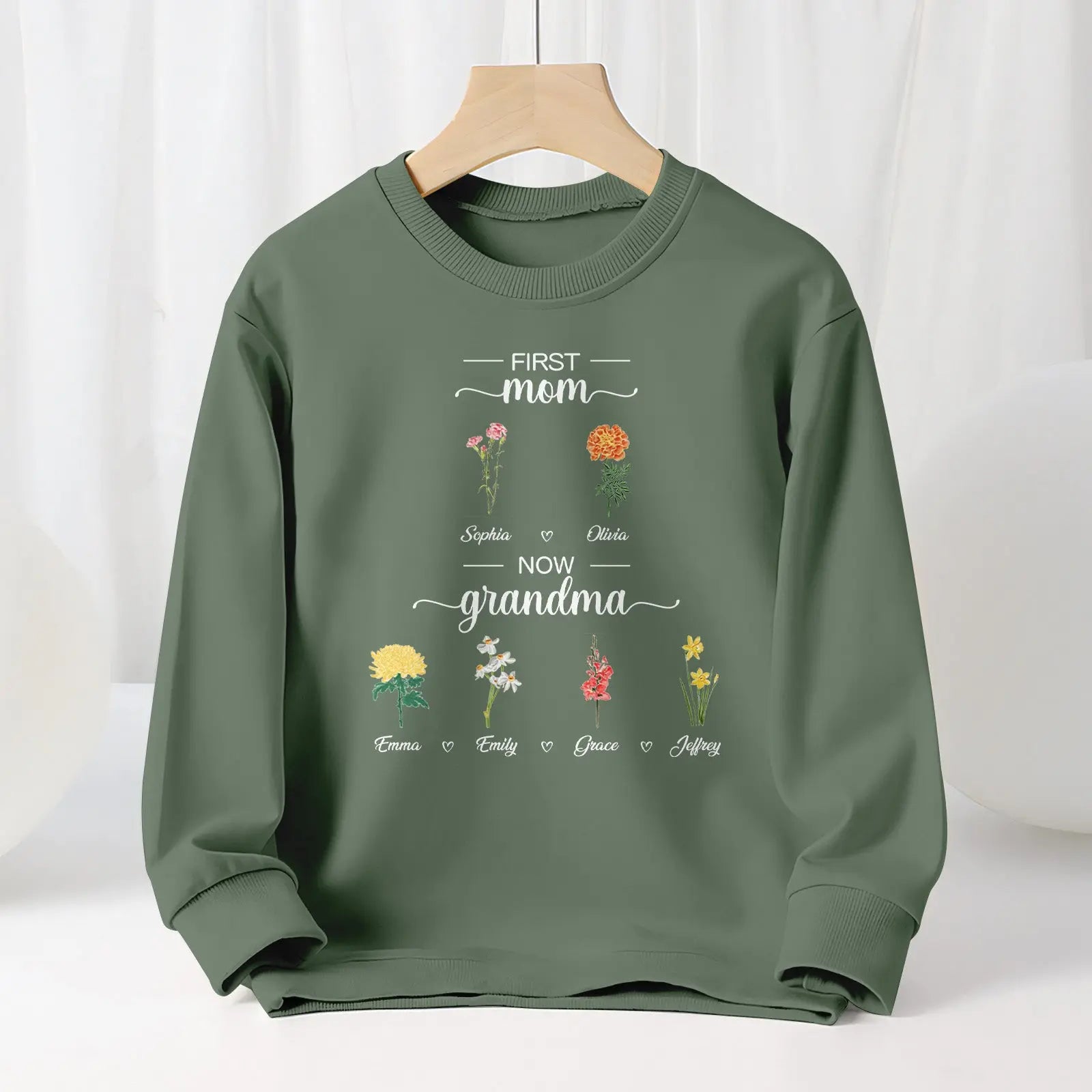 Personalized First Mom Now Grandma Sweatshirt Custom Birth Flowers Sweatshirts for Mother's Day Gift