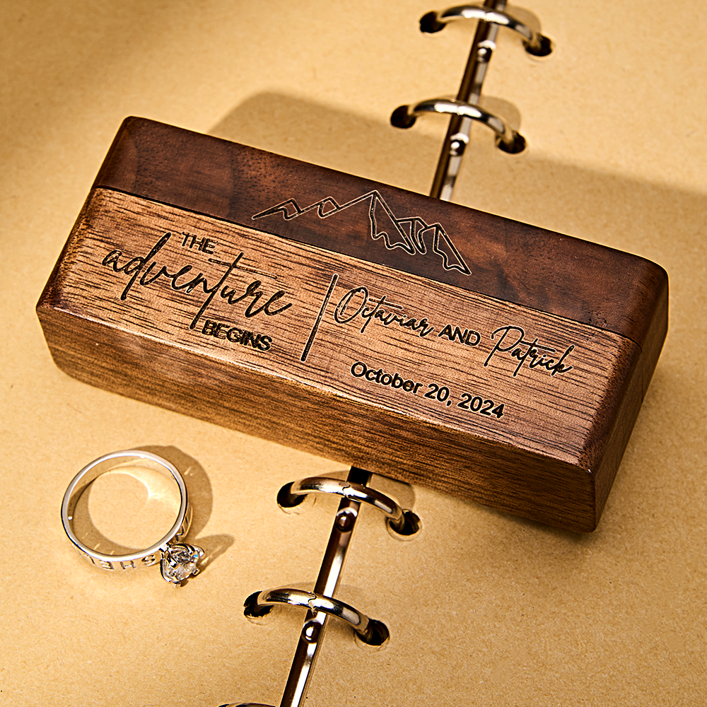 Personalized Rustic Engraved Wood 2 Rings Bearer Box with Date & Name Wedding Proposal Gift for Couple