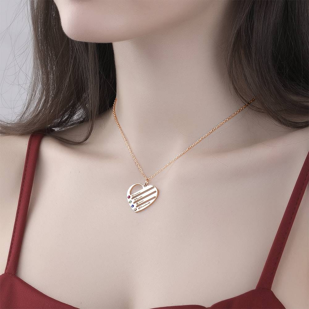 Engraved Heart Name Necklace Custom Family Birthstone Mom Necklace S925 Silver