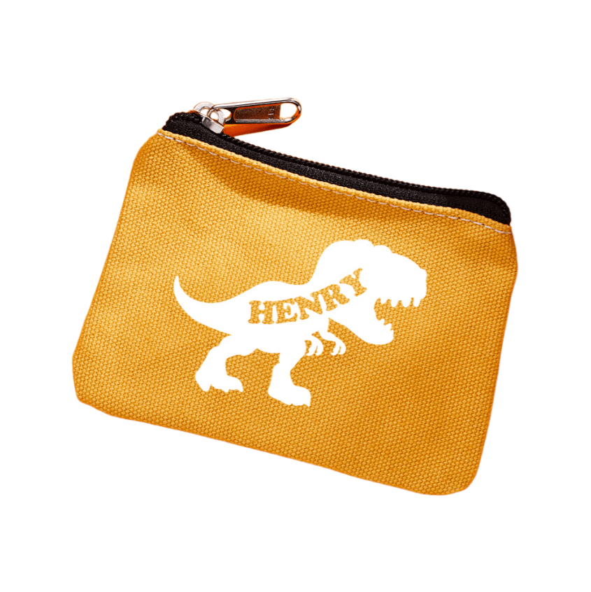 Personalized Name Dinosaur Coin Purse – Mustard Yellow Wallet Gift for Kids Children’s Day & Back to School