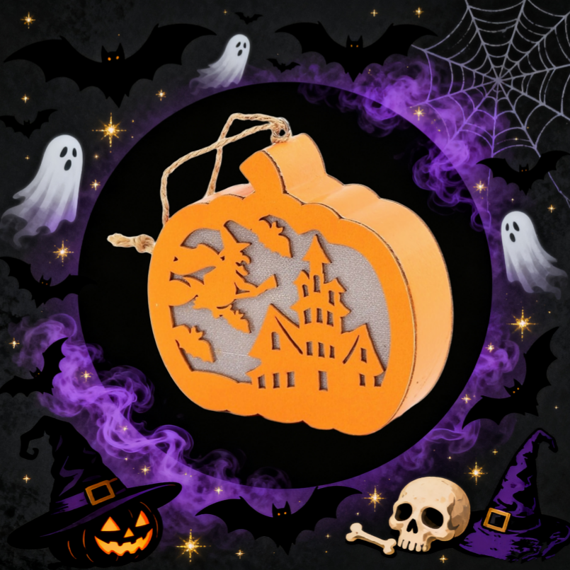 Halloween Flying Witch Scene Wooden Pumpkin Light – Spooky Home Decor & Party Supplies