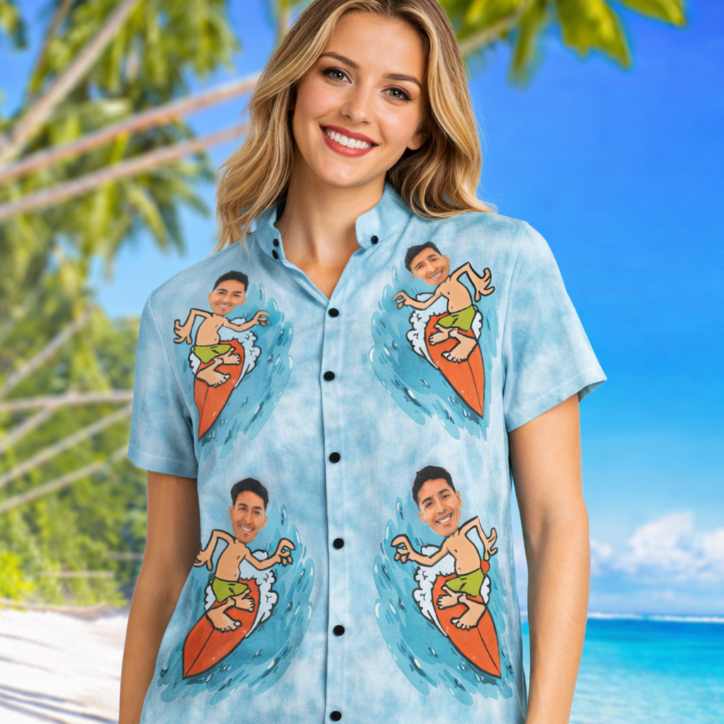 Custom Face Hawaiian Shirt Sea Surfing Mens Summer Party Shirt