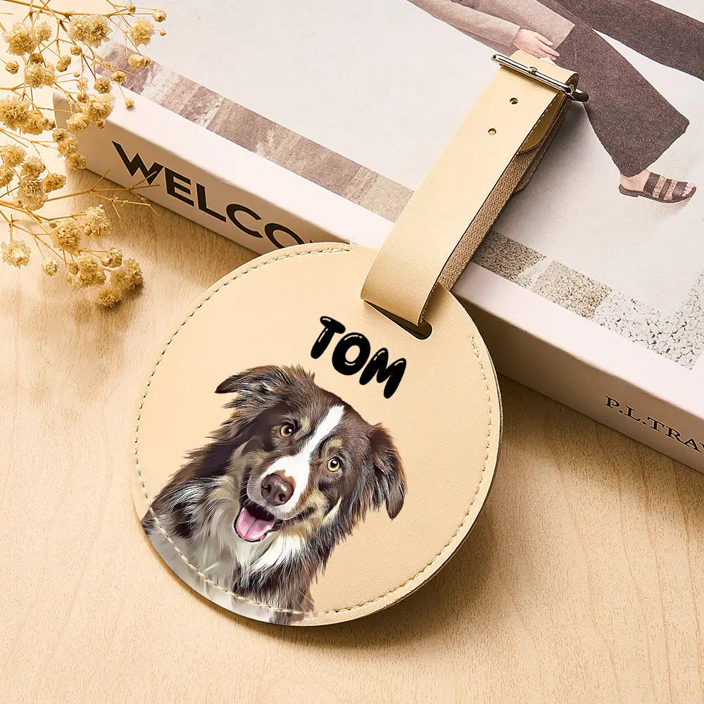 Personalized Pet Portrait with Name Luggage Tag Round Travel ID