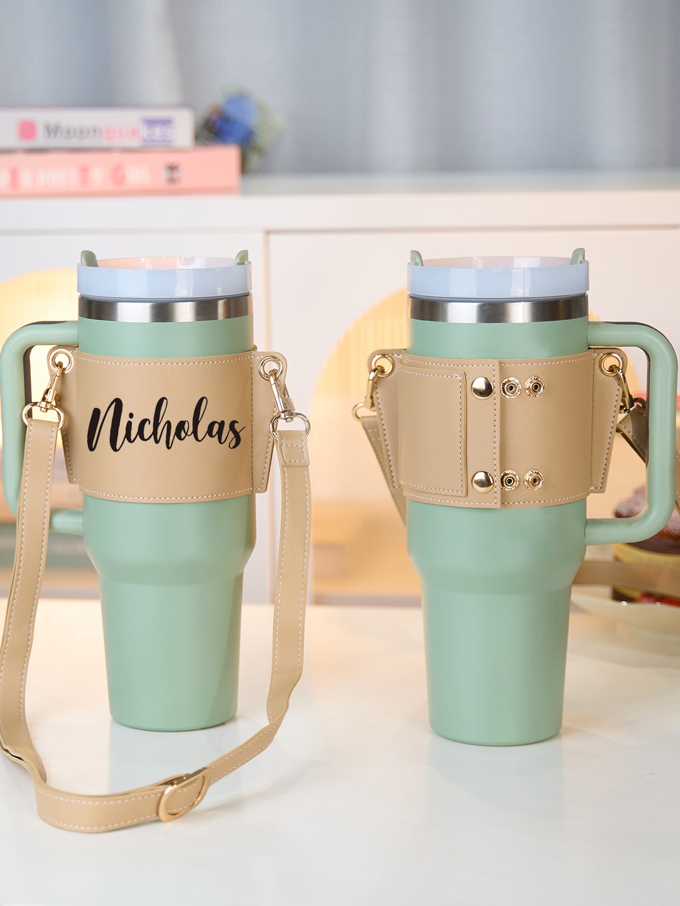 Custom Name Water Bottle Carrier Bag for 40oz Stanley Tumbler with Adjustable Strap Birthday Gift for Women