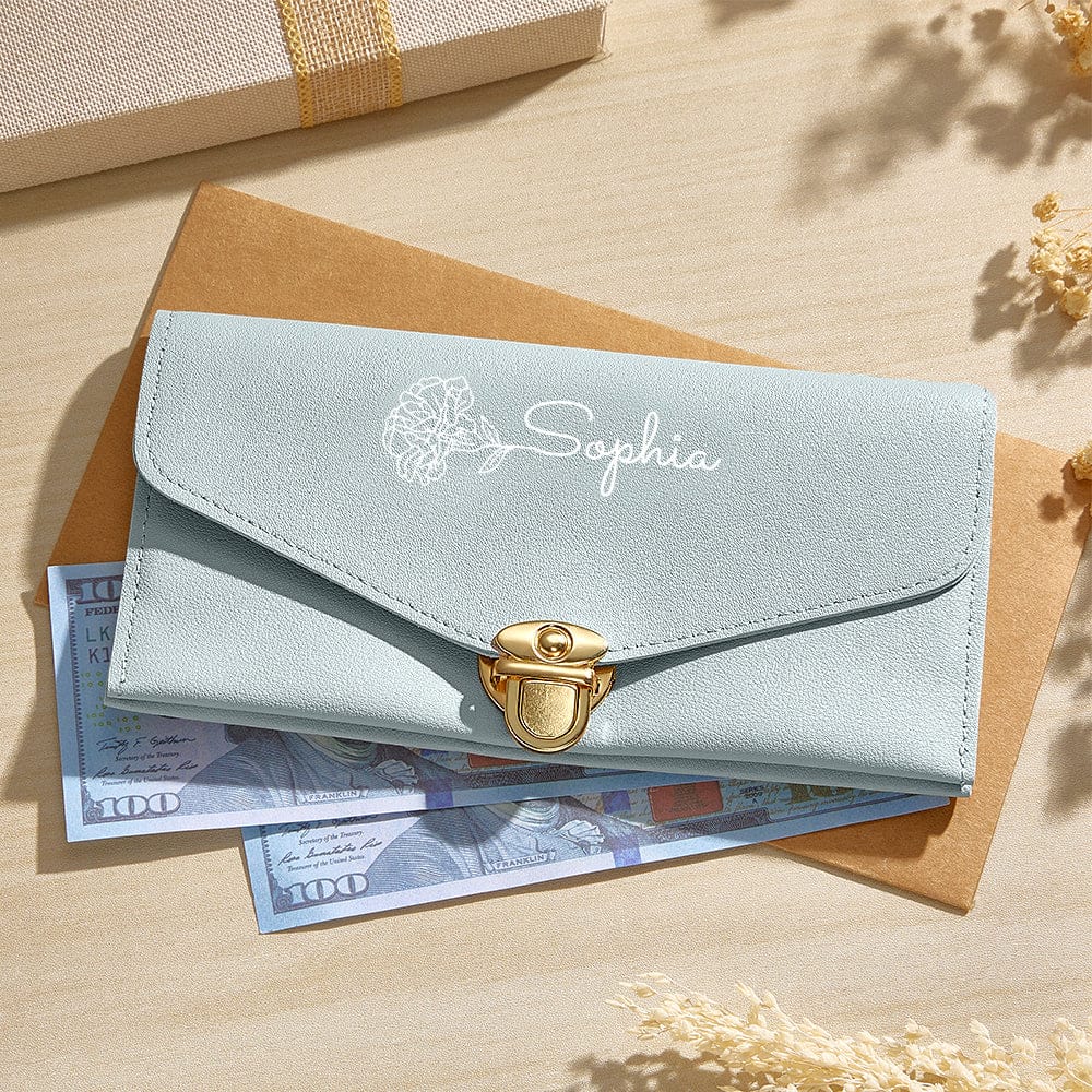 Personalized PU Leather Wallet Custom Birth Flower Wallet with Name Birthday Gift for Her