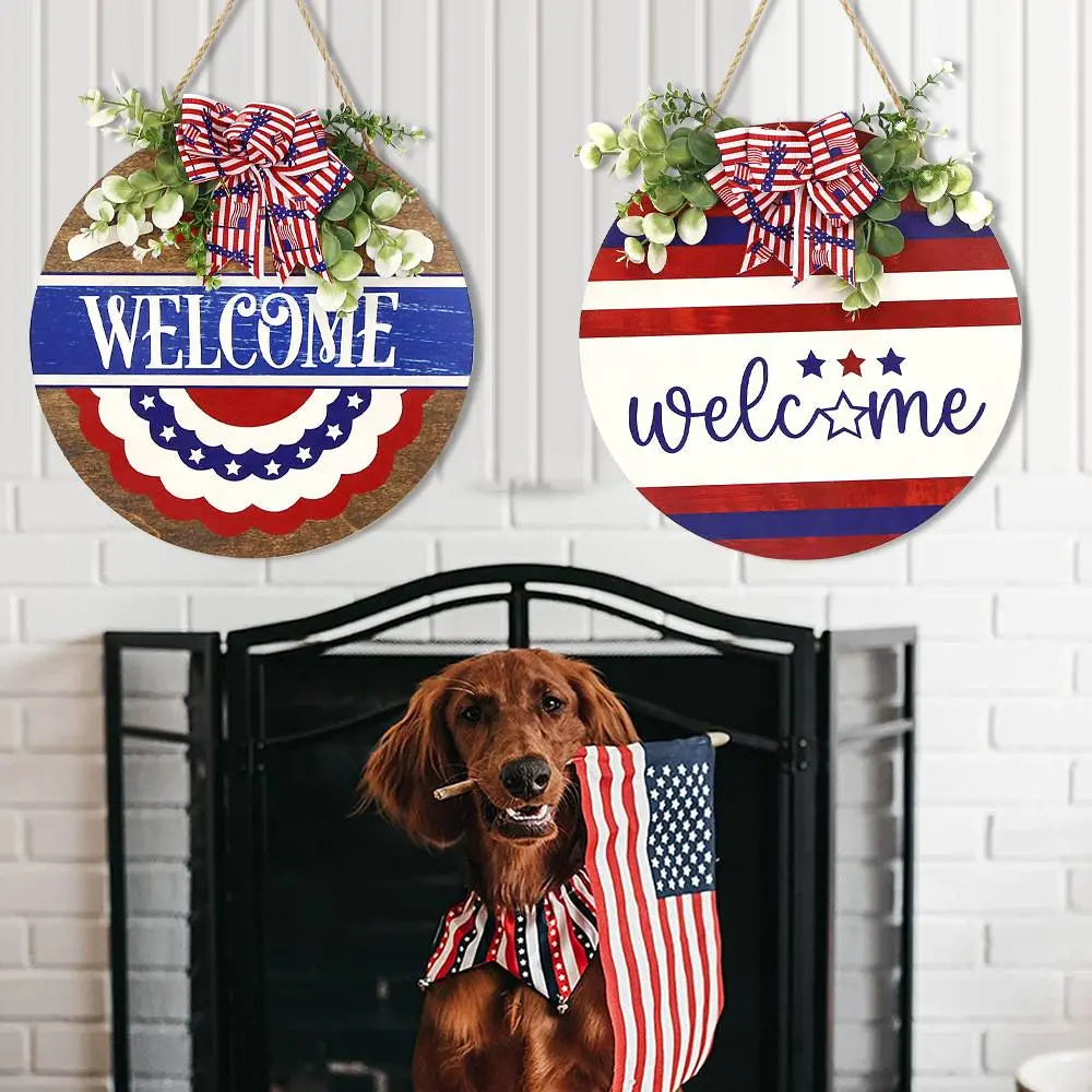 Welcome Door Sign 4th of July Independence Day Decorations Front Door Hanger Gifts