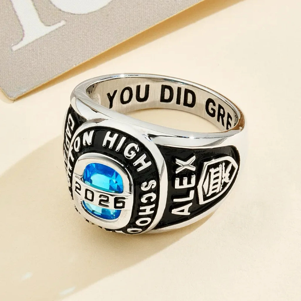 Personalized Birthstone Class Signet Ring with Engraved Symbol Name and Text Class of Graduation Gift for High School University Graduates