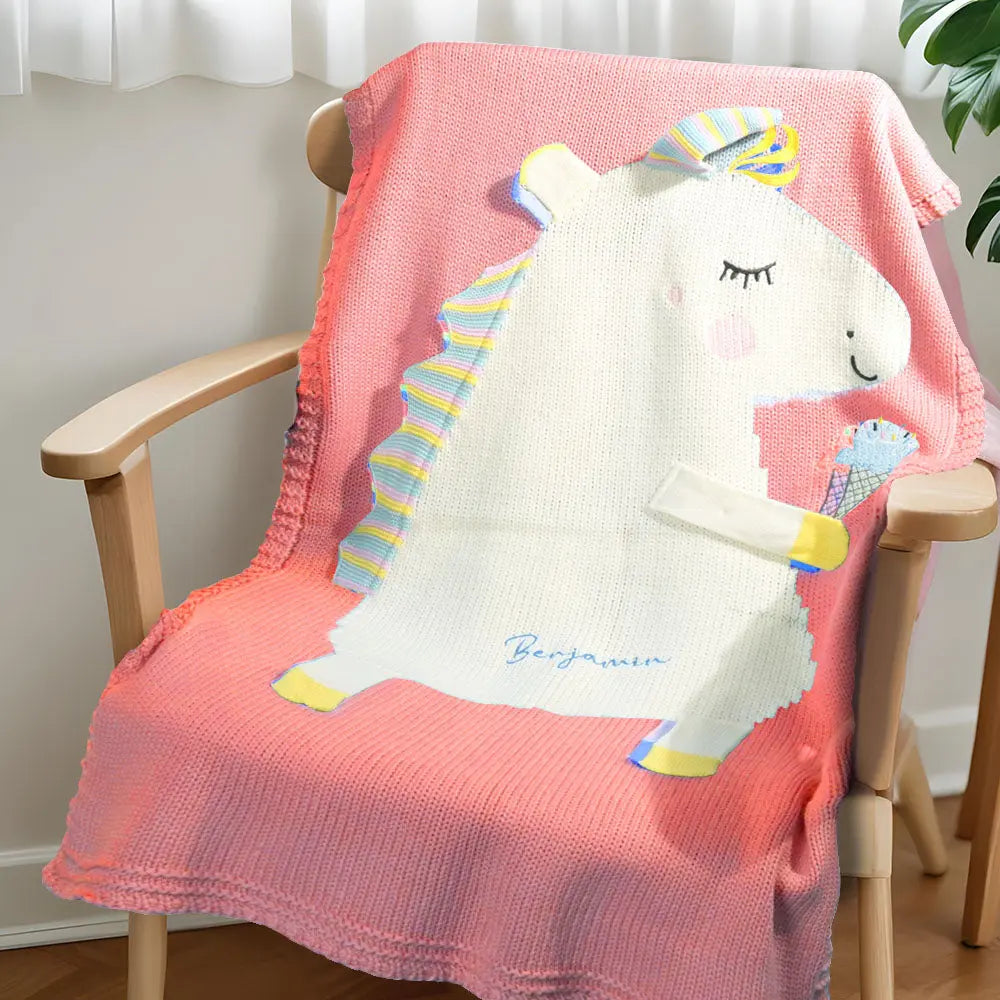 Personalized Knitted Blanket Unicorn Blanket with Embroidered Name Gift for Baby