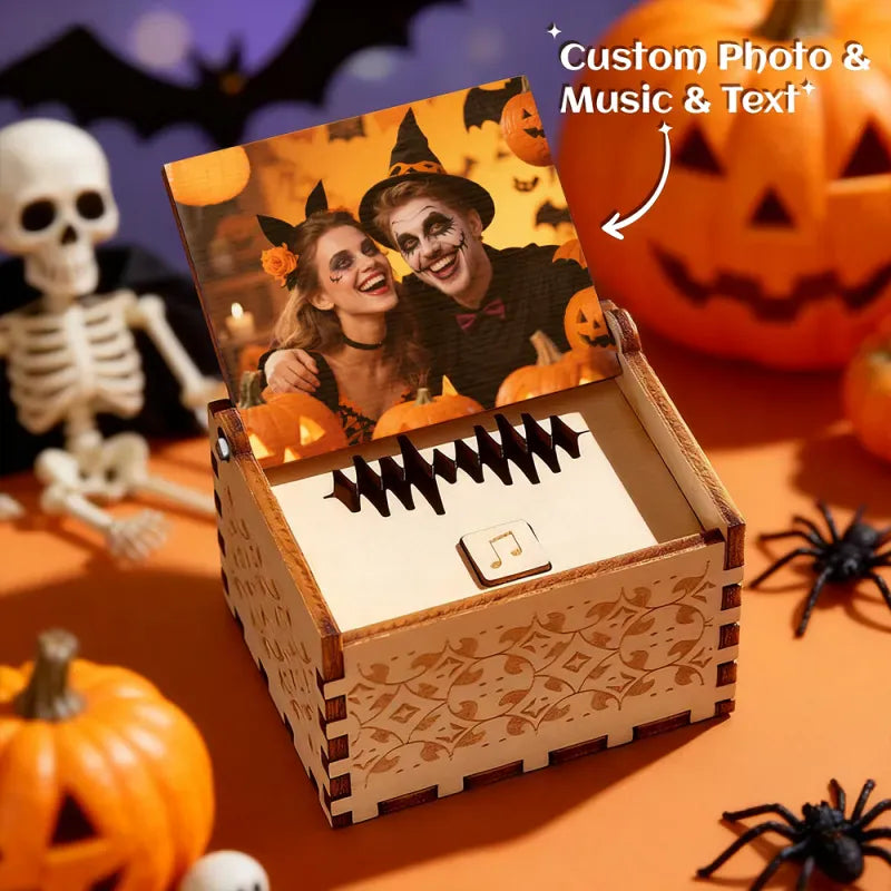 Caja de música digital personalizada para Halloween, cualquier canción, melodía o voz, caja de música de madera personalizada con foto y texto, regalos de aniversario.