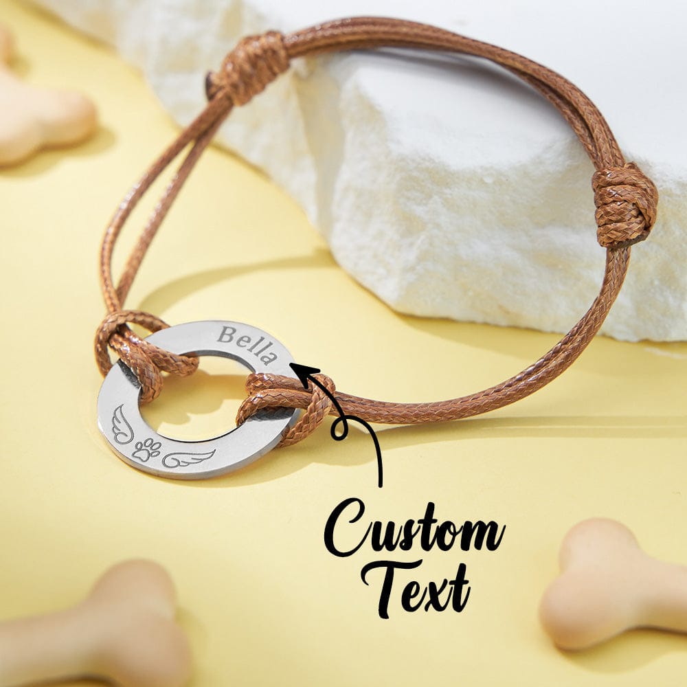 Personalized Engraved Angel Wings Pet Paw Print PU Leather Rope Bracelet Memorial Gift for Pet Lovers