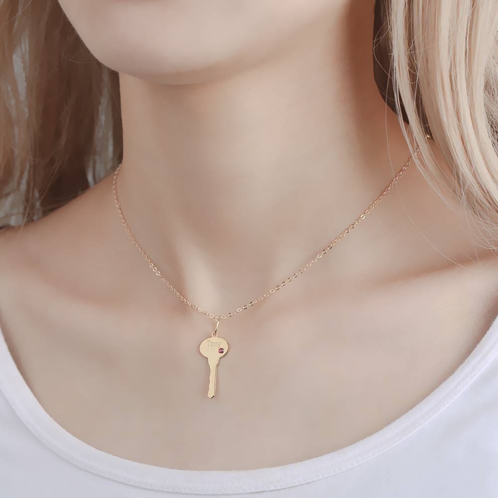 Custom Birthstone Engraved Name Couple Necklace with Heart and Key Silver