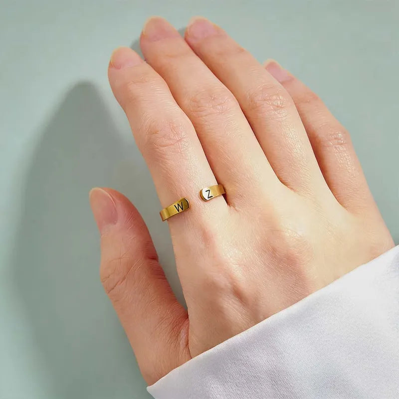 Custom Initial Couple Adjustable Ring Personalized Letter Ring Minimalist Open Design Two Letter Partner Rings