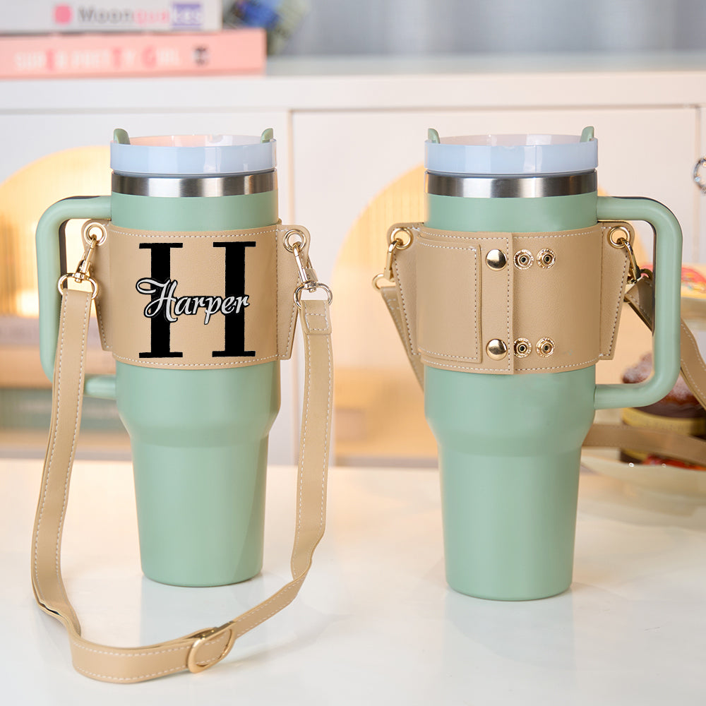 Personalized Name Water Bottle Carrier Bag with Adjustable Strap for 40oz Stanley Tumbler Birthday Gift for Her