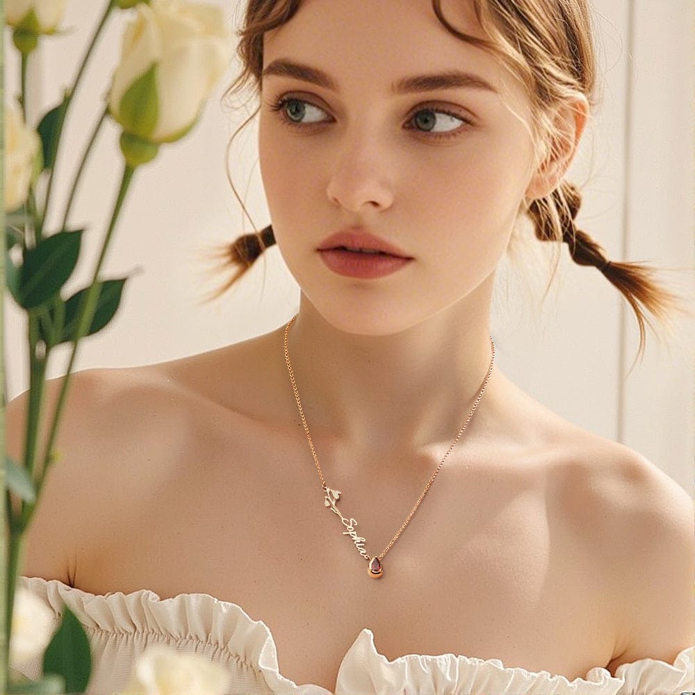 Personalized Birth Flower Birthstone Necklace with Name Necklace Jewelry Gift for Her