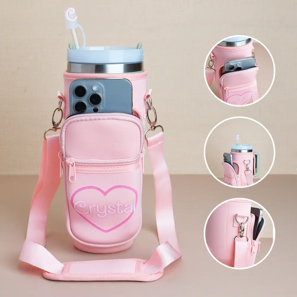 Personalized Water Bottle Carrier Bag for 40oz Stanley Tumbler with Straw Topper Pouch Gift for Her