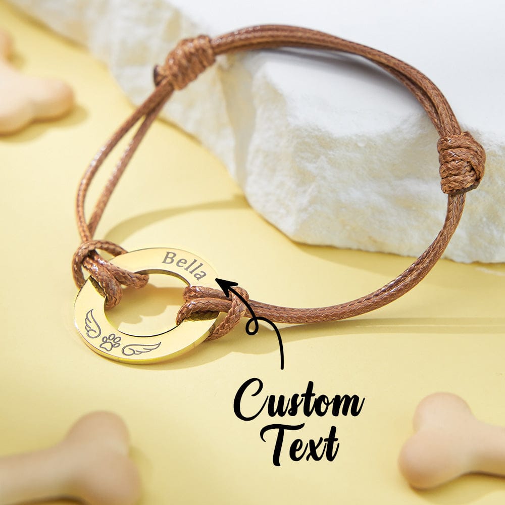 Personalized Engraved Angel Wings Pet Paw Print PU Leather Rope Bracelet Memorial Gift for Pet Lovers