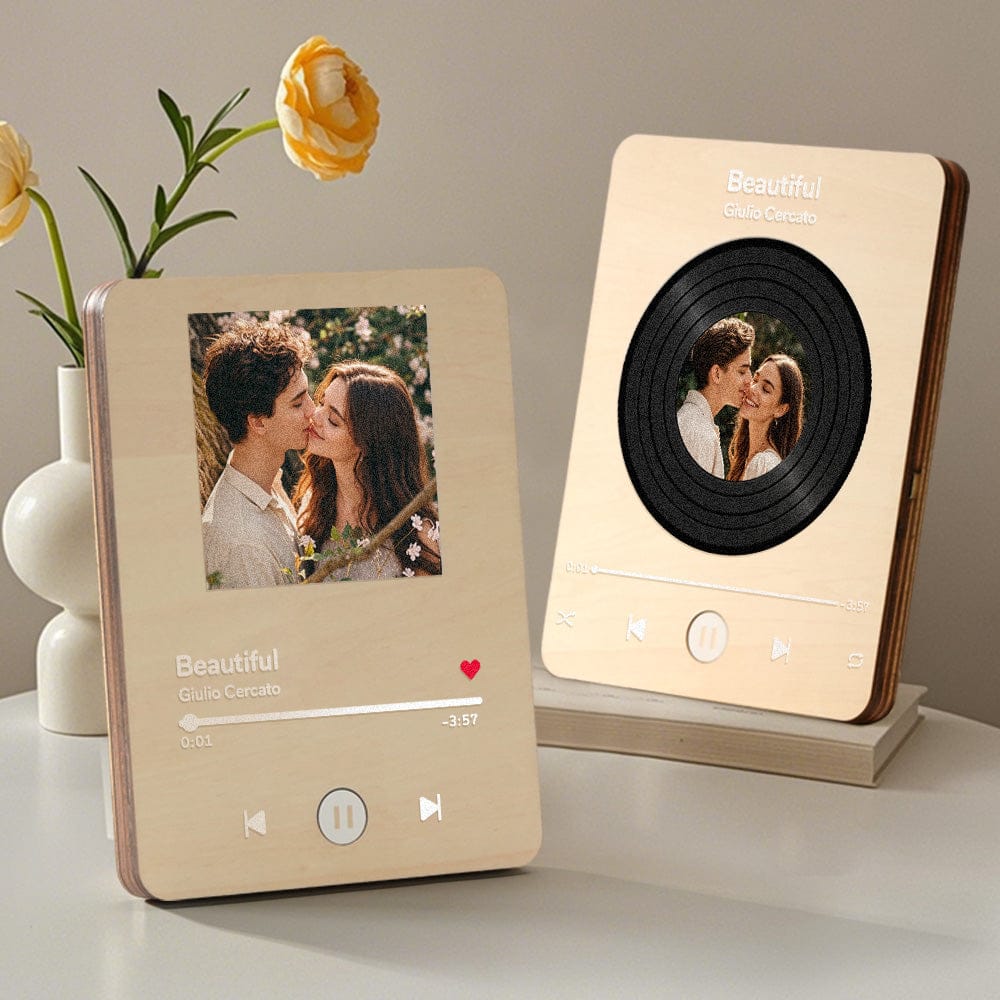 Personalized Photo Wooden Music Record Player Wedding Anniversary Gift for Couples