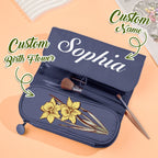 Personalized Birth Flower Makeup Brush Bag with Name Cosmetic Bag Birthday Gift for Women