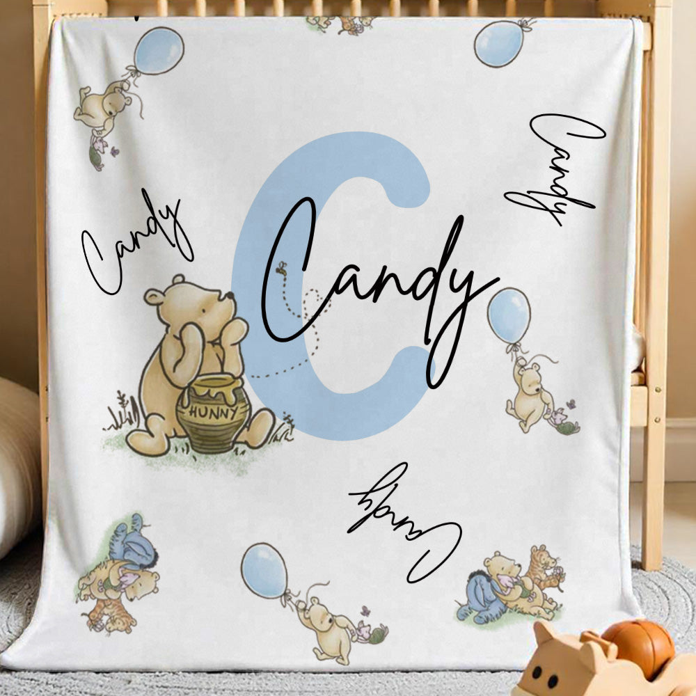 Personalized Winnie the Pooh Throw Blanket with Name Nursery Decor Birthday Baby Shower Gift for Kids