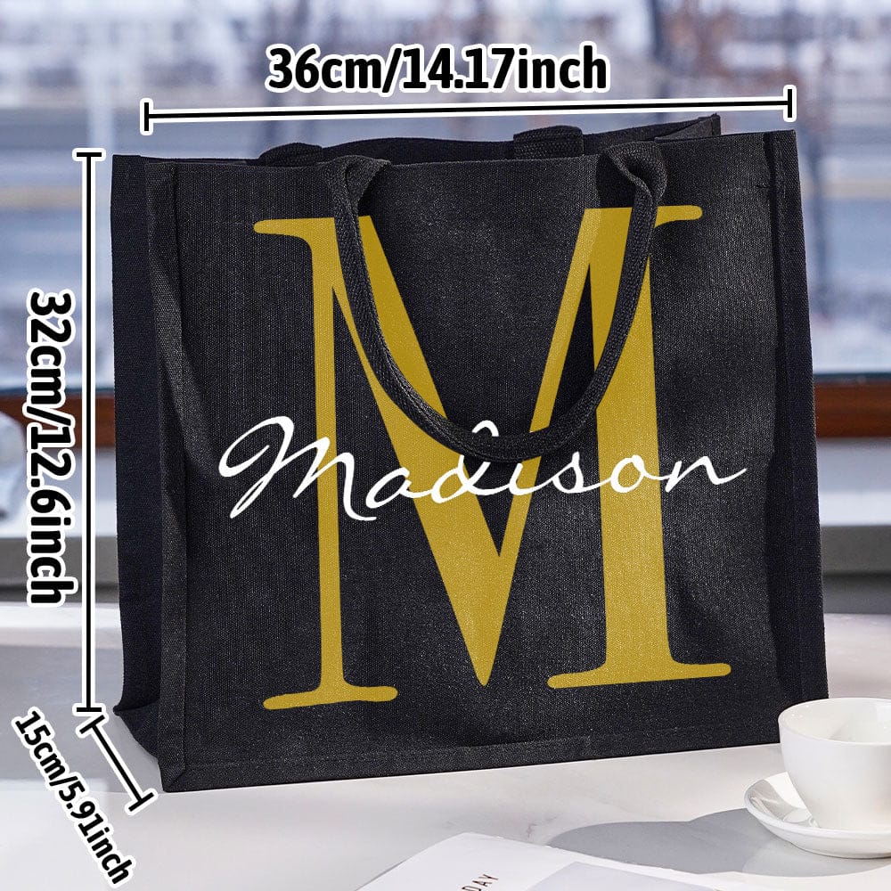 Personalized Black Canvas Bag with Name and Initial Birthday Wedding Party Gift for Women