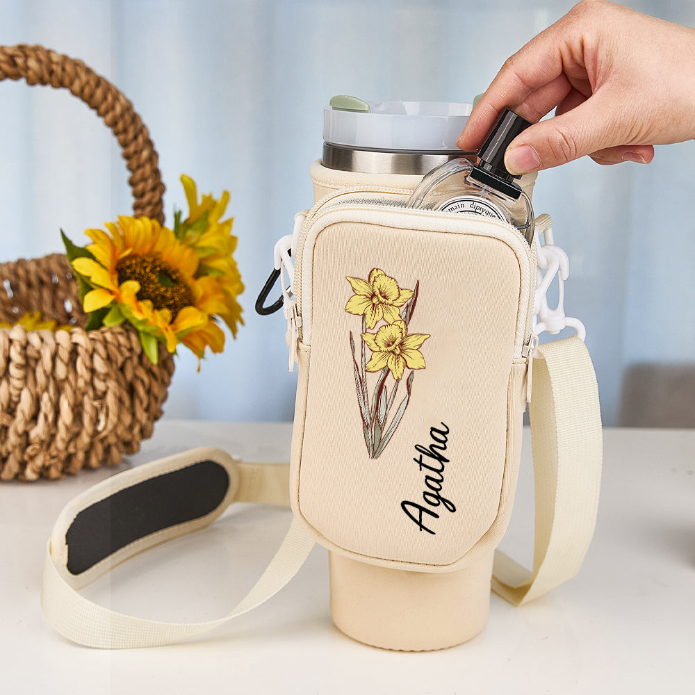 Personalized Birth Flower Waterproof Bottle Carrier Bag with Removable Pouch for 40oz Stanley Tumbler Gift for Women