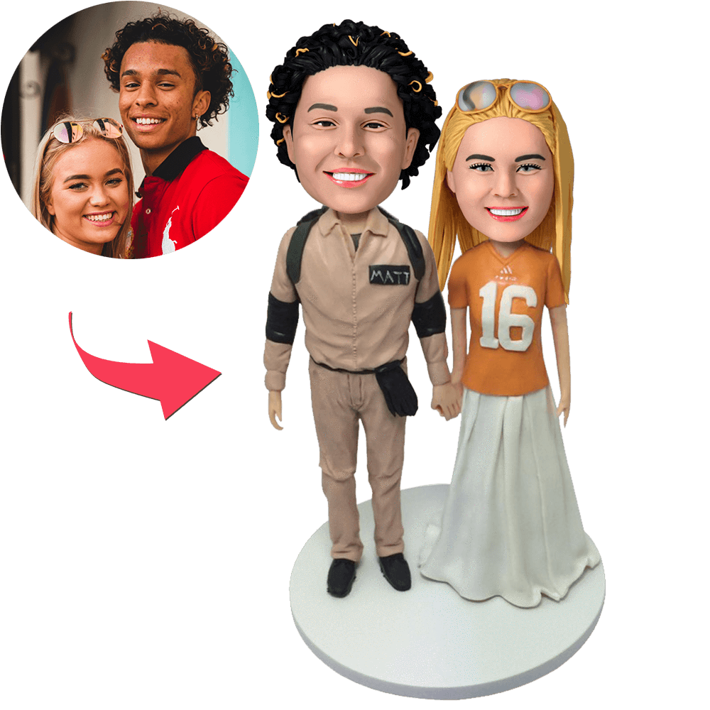 custom bobble head bring joy desk handcrafted desk display wedding couple casual front view