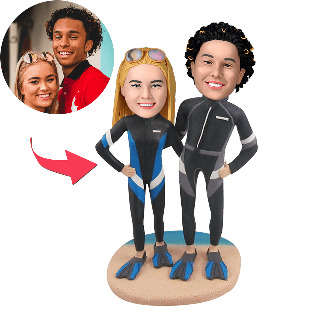 custom bobble head bring joy desk handcrafted desk display wedding couple diving front view