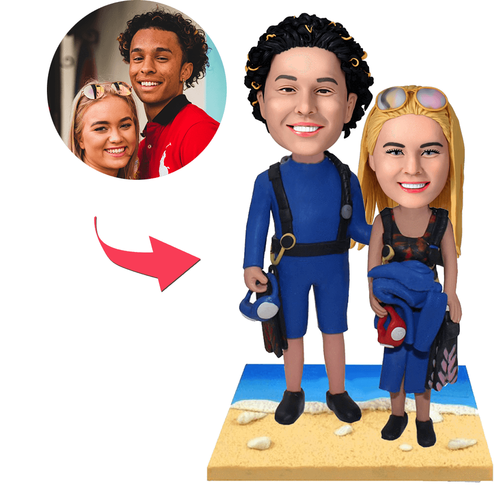 custom bobble head make memories stand tall figurine business man wetsuit beach front view