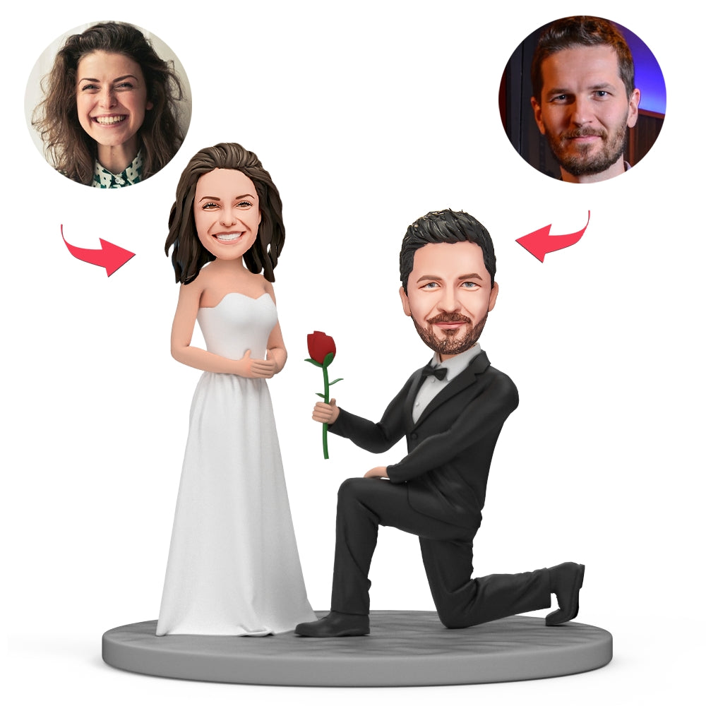 custom bobble head give that nods love figurine wedding couple kneel down front view