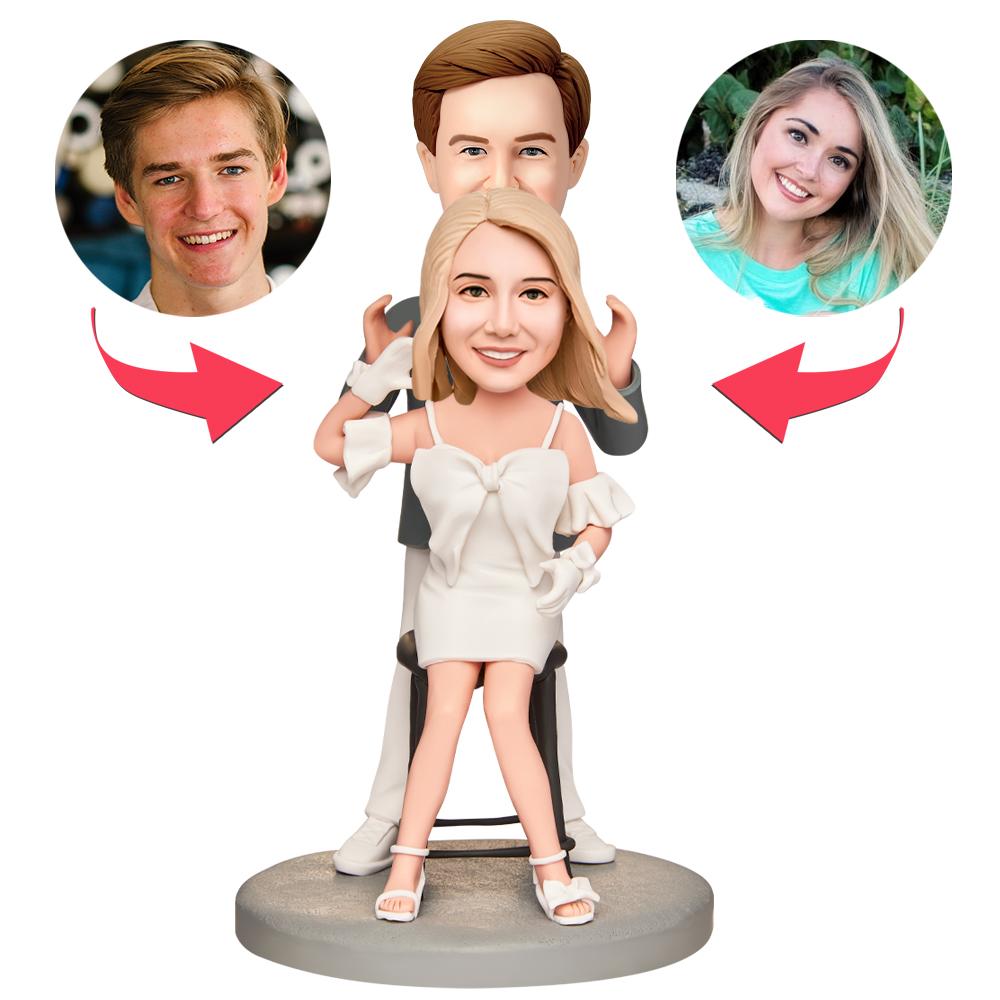 custom bobble head make memories stand tall handcrafted desk display wedding couple front view